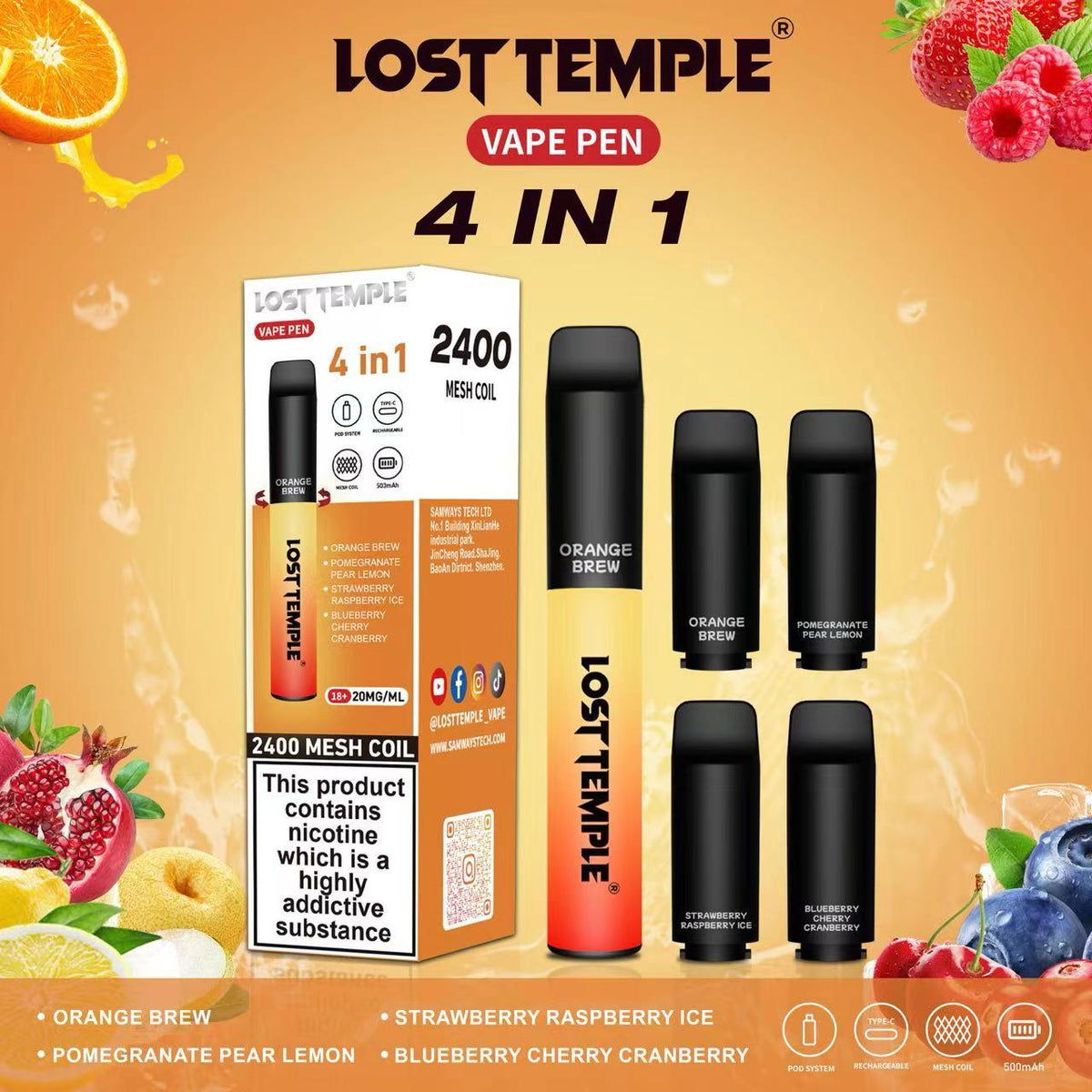 4 in 1 Lost temple 2400 PreFilled Pod Kit Box of 5 - U Vape Wholesale